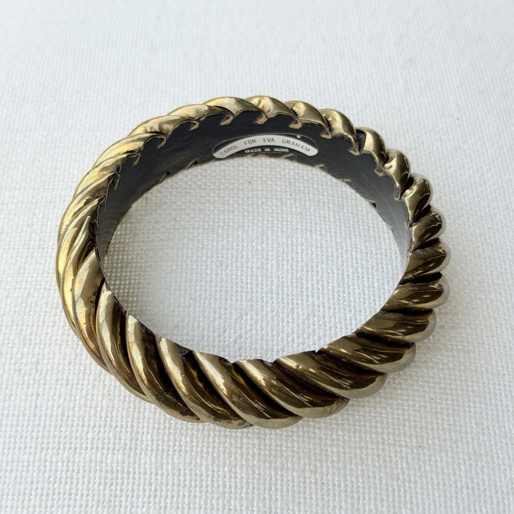 Carol For Eva Graham Brass Wood Bangle Roped Bracelet Vintage Gold Tone Chunky